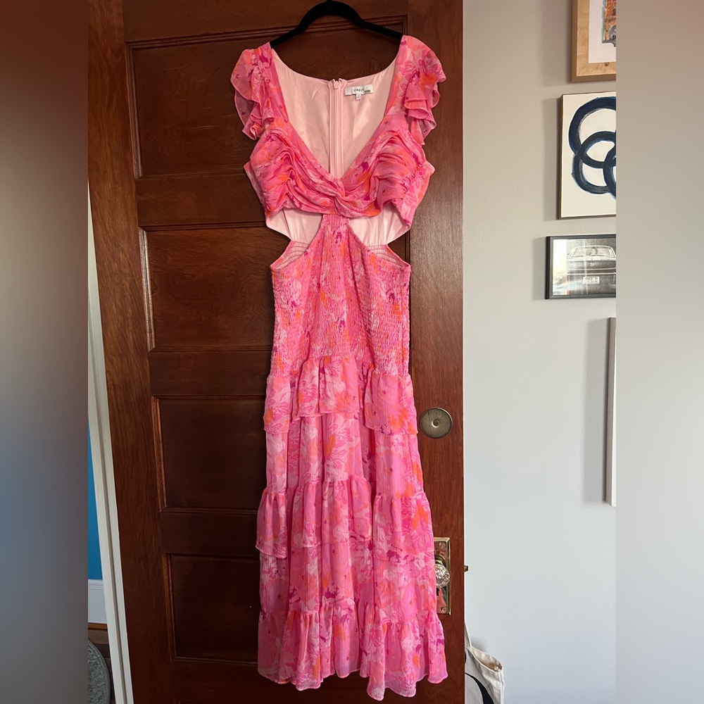 LIKELY pink and orange floral cutout dress